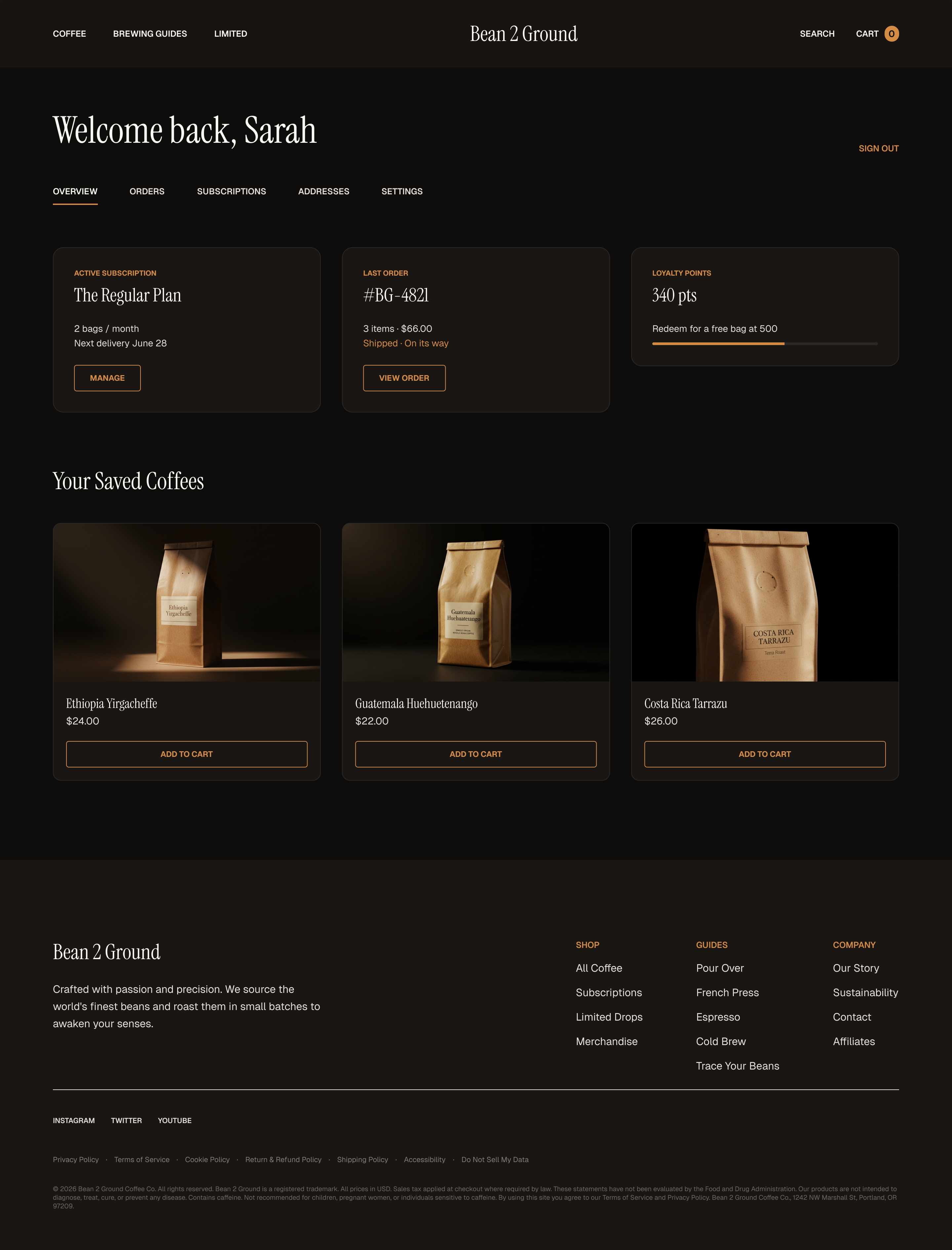 Bean 2 Ground account dashboard