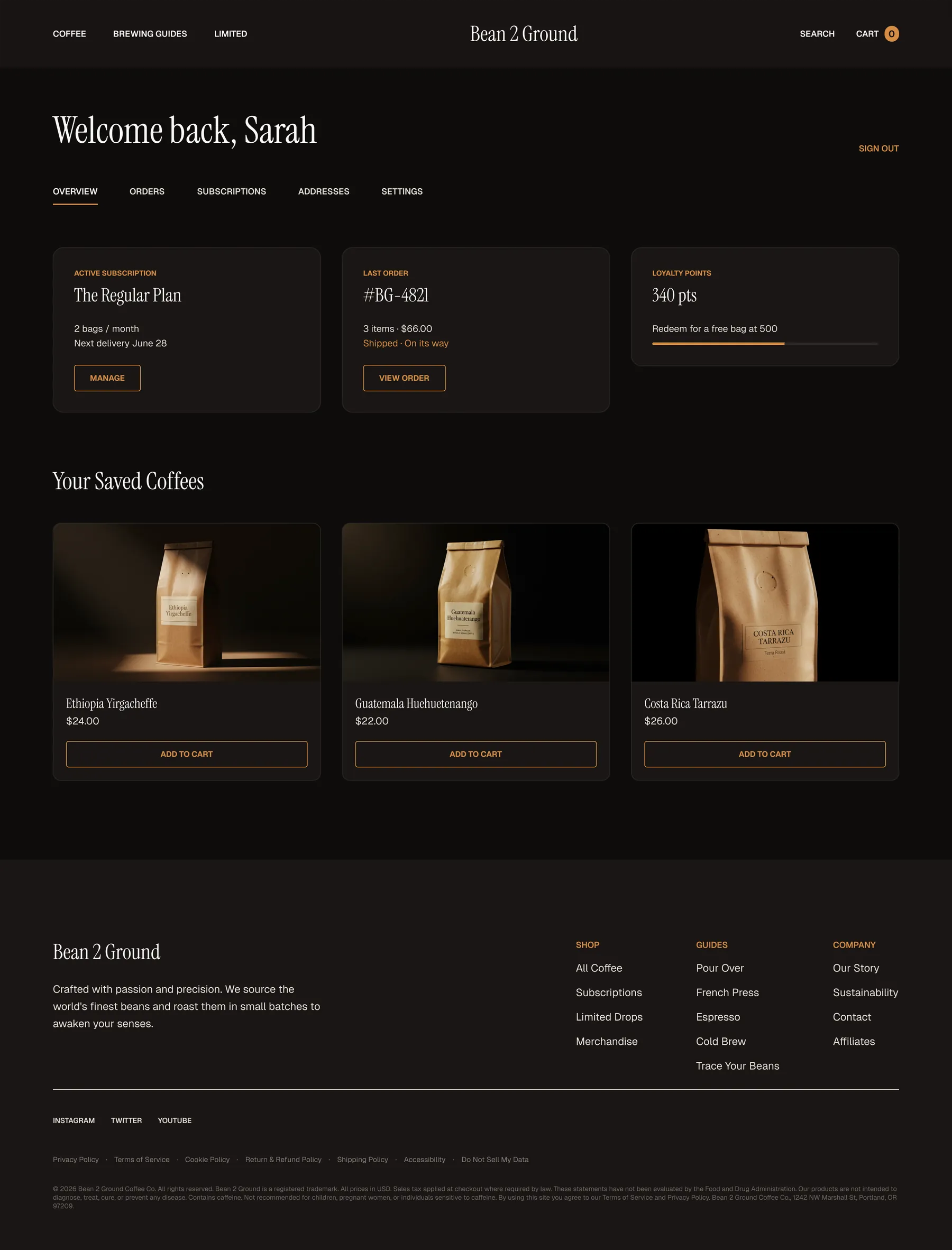 Bean 2 Ground account dashboard