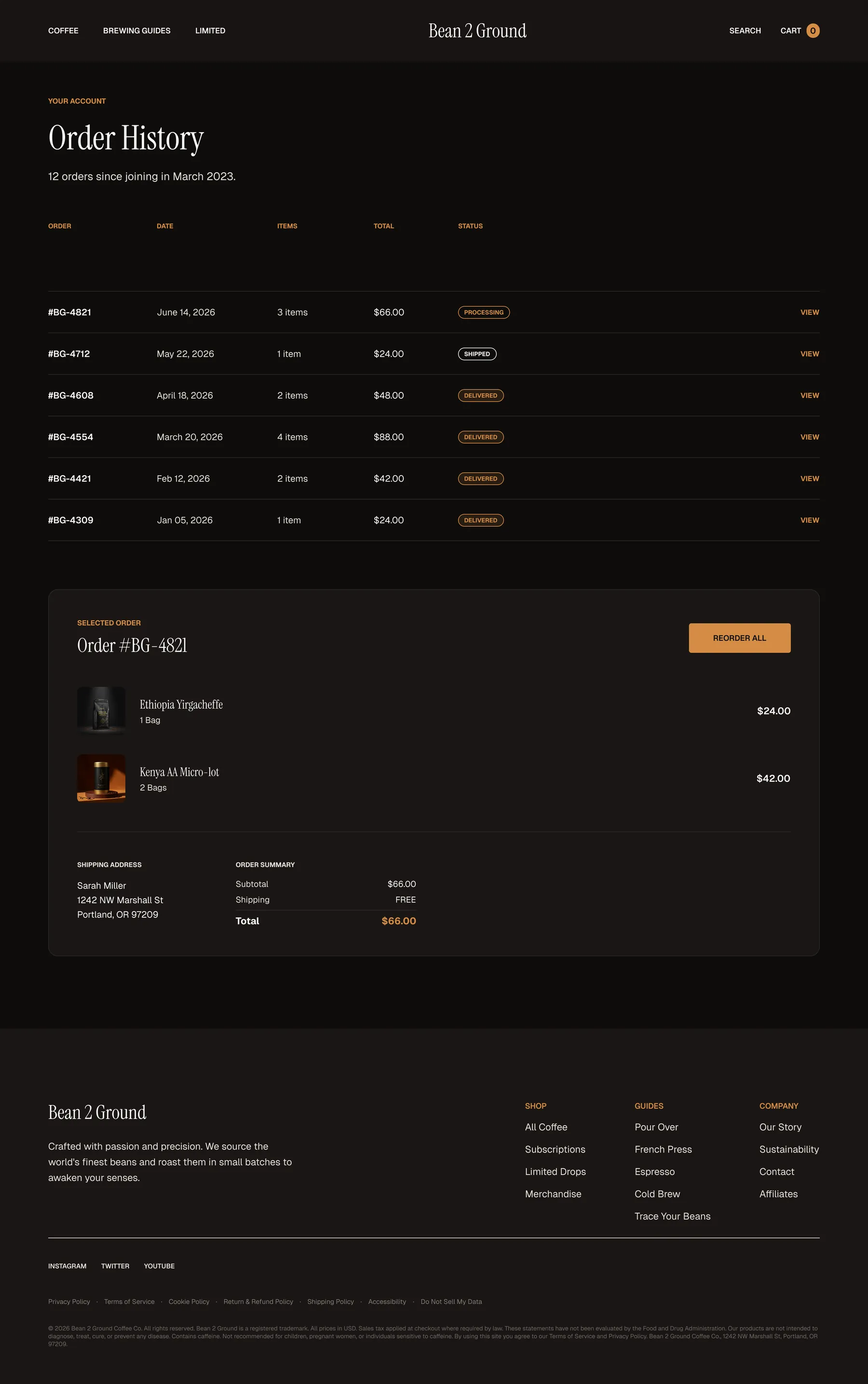Bean 2 Ground order history