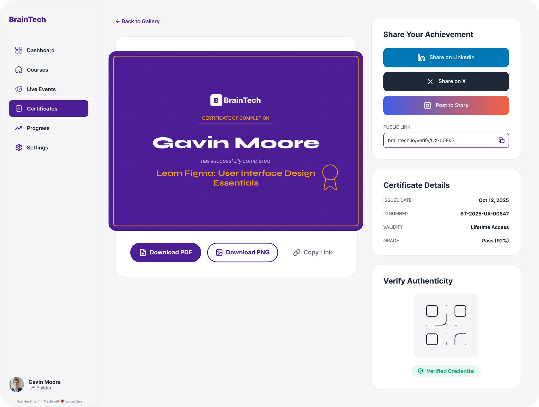 BrainTech web certificate detail